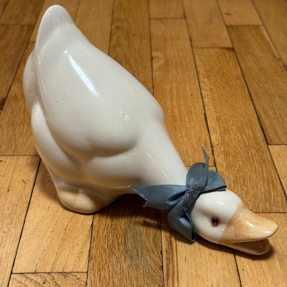 Vintage Ceramic Goose Figurine with Ribbon Cottagecore Farmhouse‎ Decor Grandma